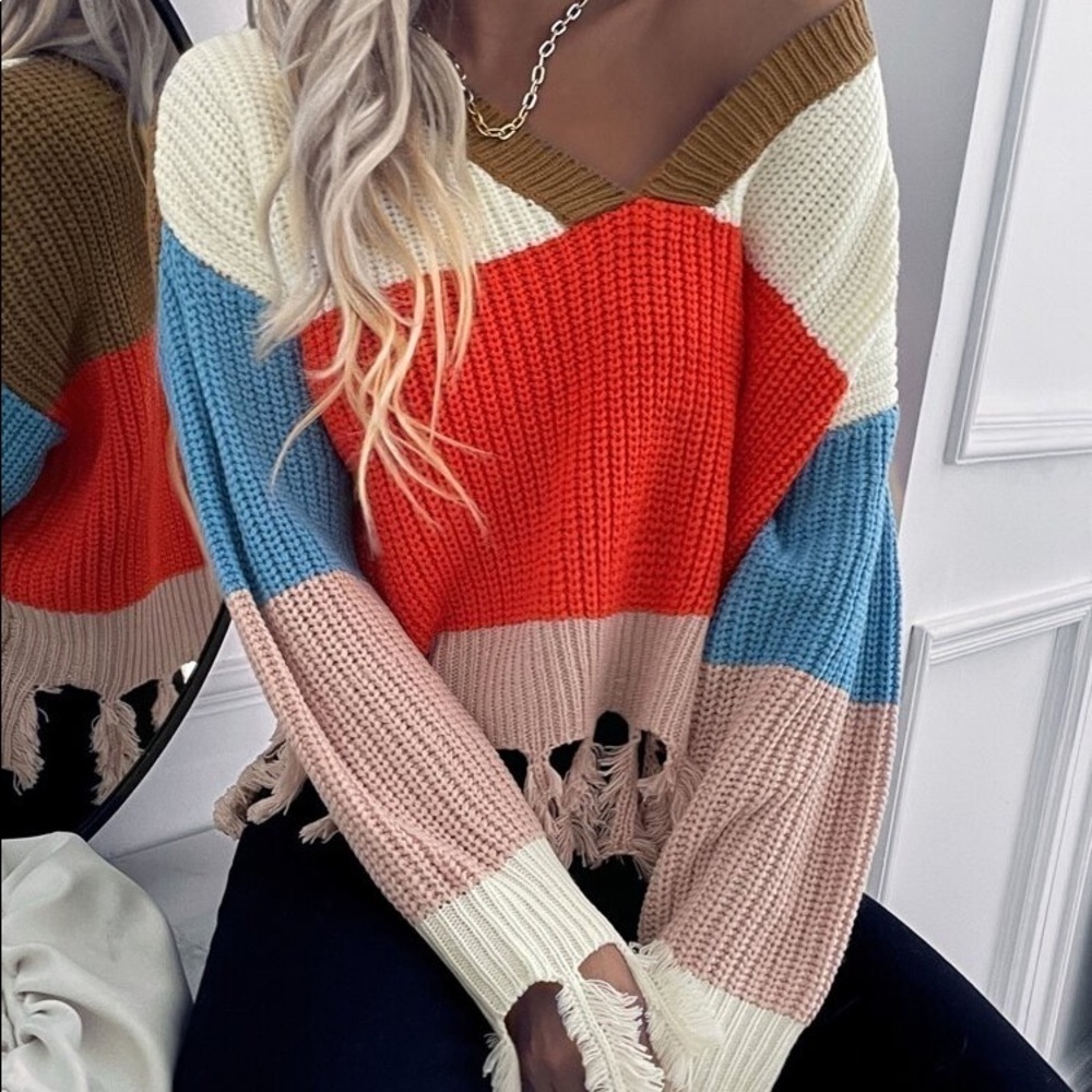 Shein V-Neck Colorblock Blue Orange Drop Shoulder Fringe Hem Sweater Size Medium